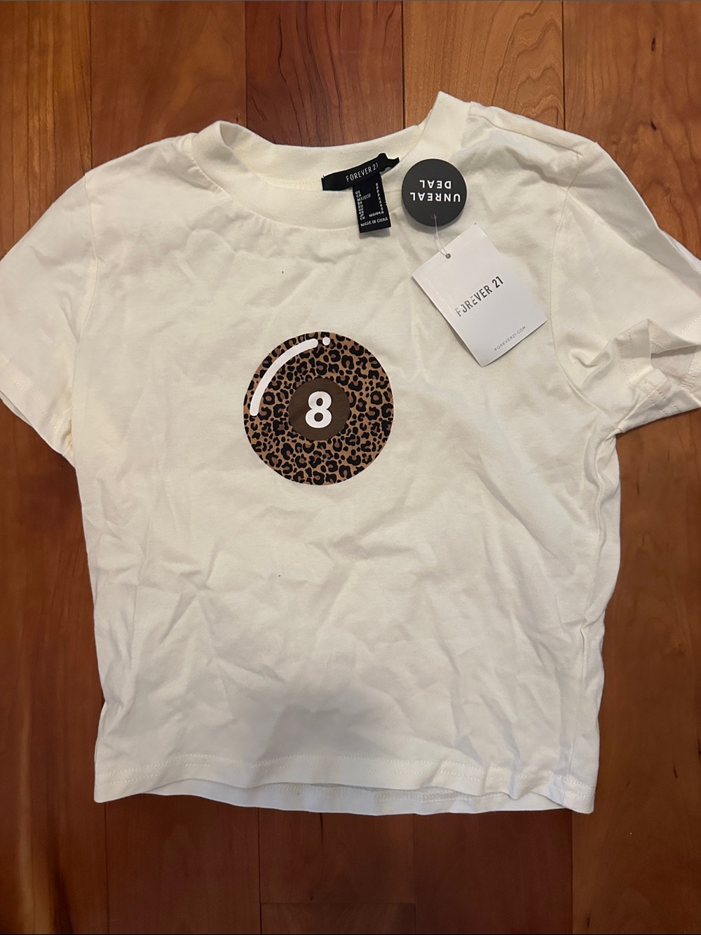 Forever 21 White Crop Top with Leopard 8-Ball Graphic